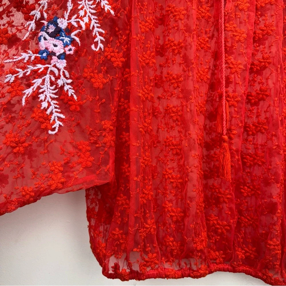 Free People size Large Women's Red Jubilee Floral Embroidered Sheer Lace Top